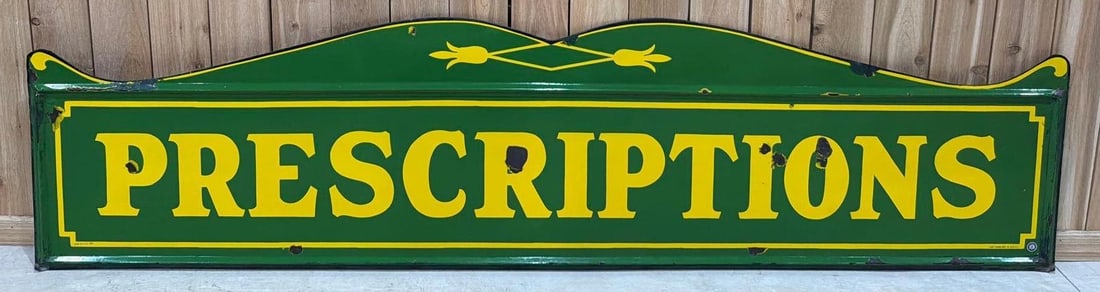 Prescription (Coca-Cola) Porcelain Sign (TAC): rated 8.25, 24"x96", the SSP self-framed sign has very good color and gloss, has large chips in the field, marked Tenn Enamel, dated 1932. Rarity 5. TAC #063742