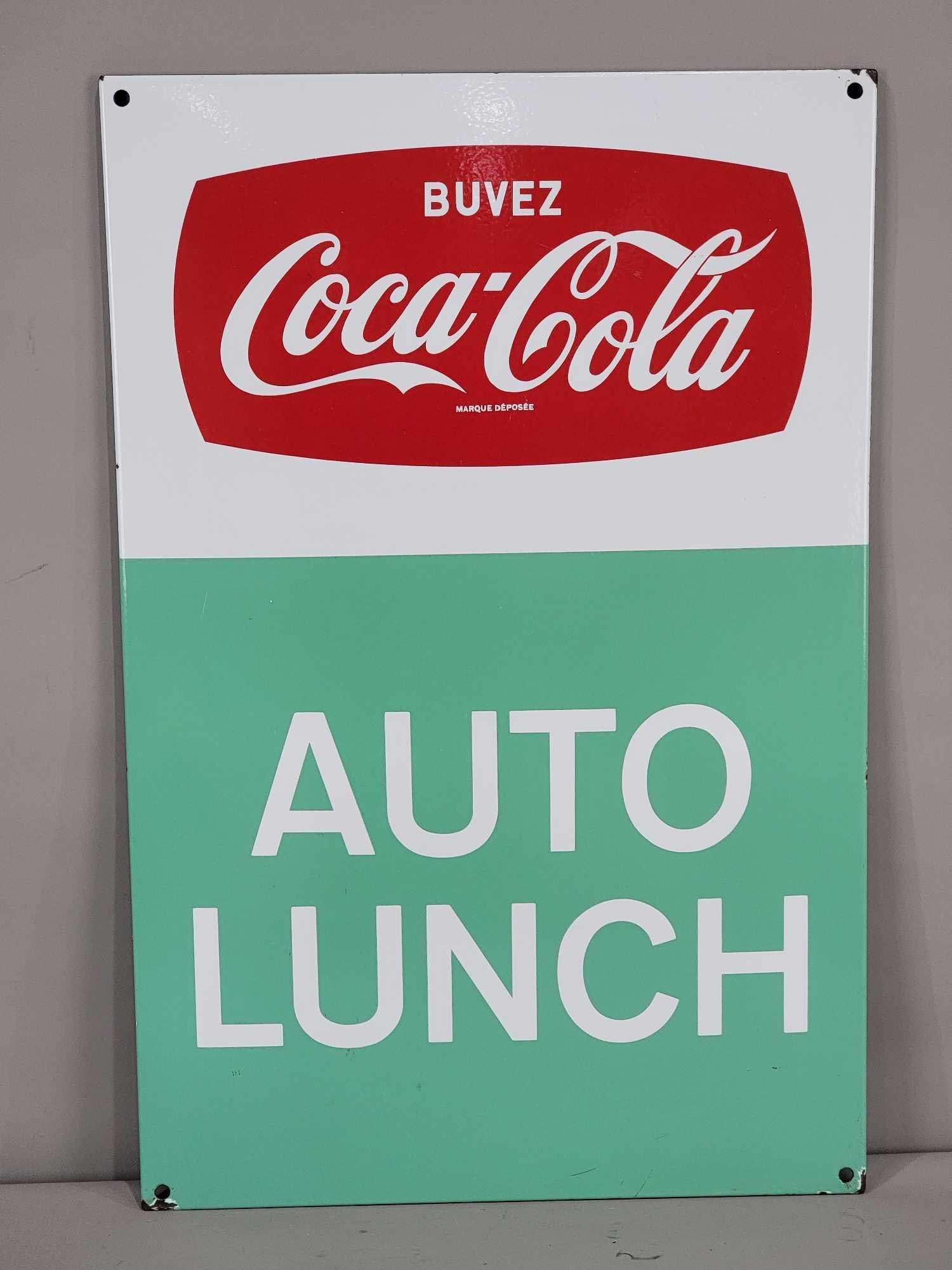 Buvez Coca-Cola Auto Lunch Porcelain Sign (TAC0: rated 9+, 29"x19", the SSP rolled edge sign has excellent color and gloss, field is clean, has tiny chips around the perimeter. TAC #063227