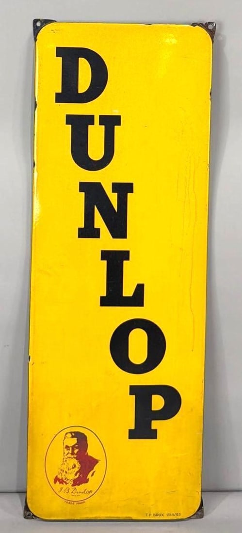 Dunlop (tires) w/Logo Porcelain Sign (TAC): rated 8, 34.5"x12", the SSP rolled edge vertical sign is soiled, marked, dated 1955. TAC #063791