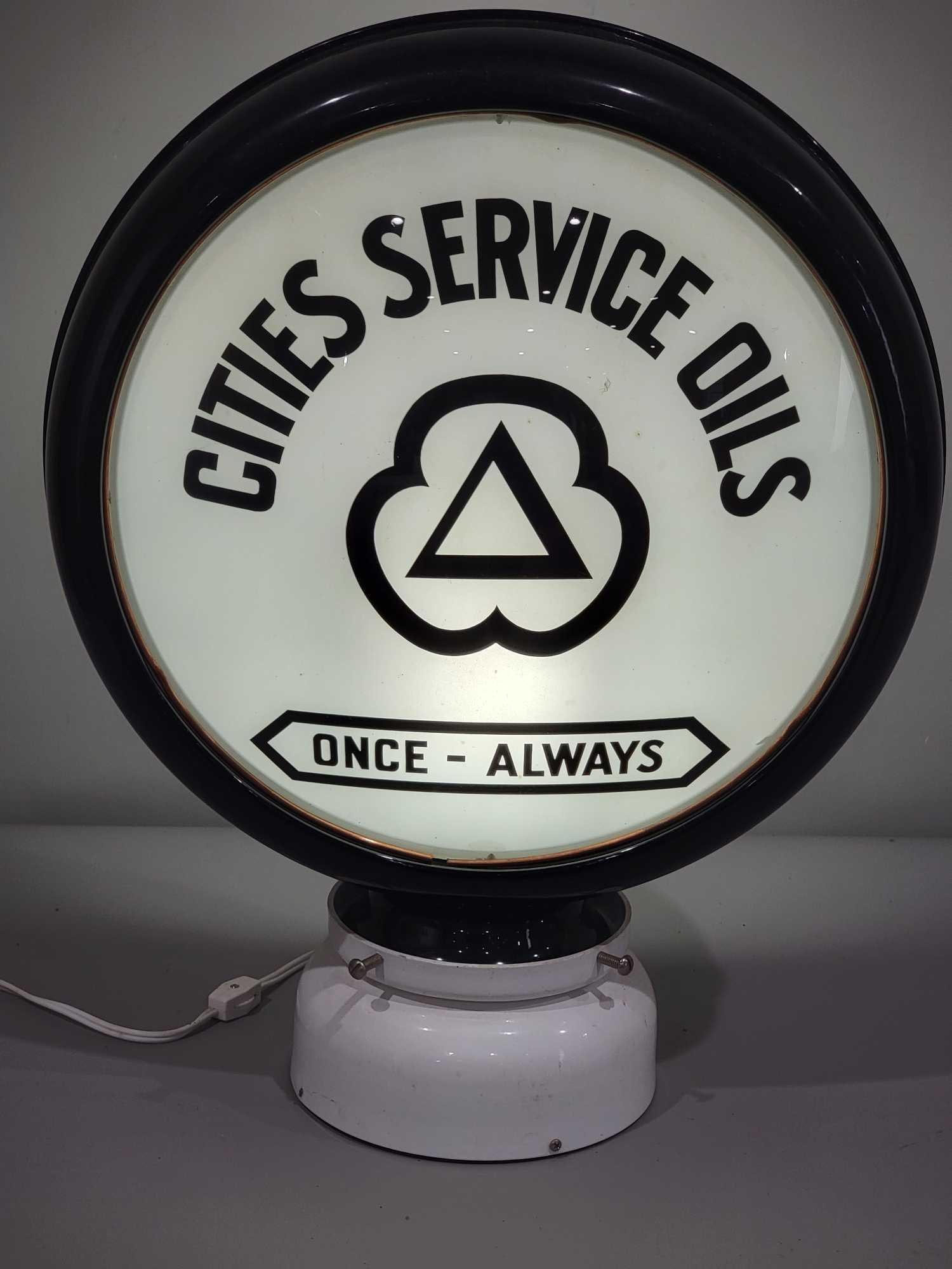 Cities Service Oil Once-Always w/Logo 15" Globe Lens (TAC): rated 9.5, the 15"D., single globe lens is in excellent condition, is mounted in a new HP metal globe body. TAC #025281