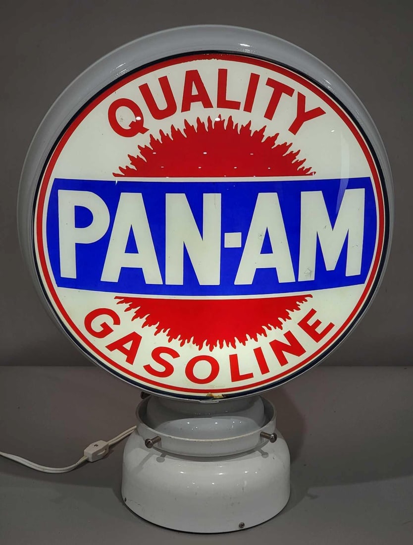 Pan-Am Quality Gasoline 15" Globe Lenses (TAC): rated 9 & broken, the 15"D. display lens is in excellent condition, reverse is cracked, mounted on a restored original LP metal body. TAC #025291