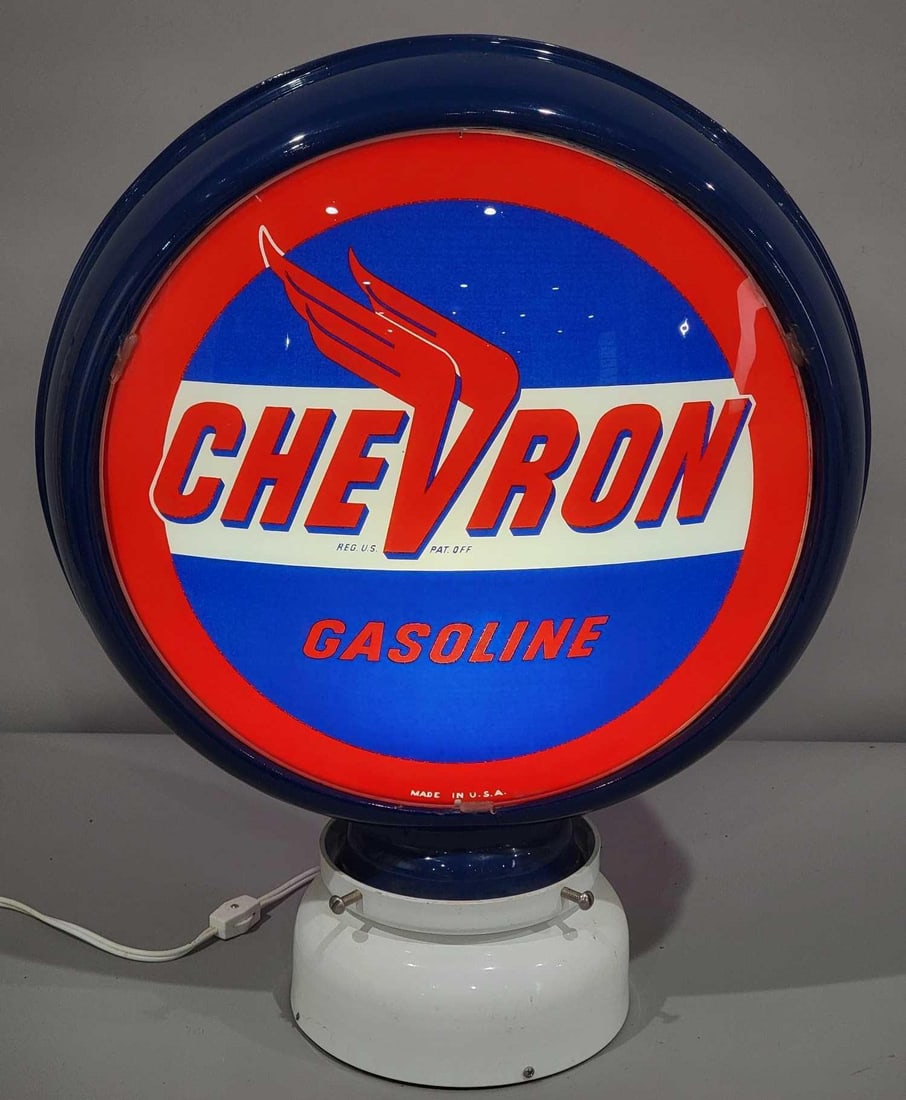 Chevron Gasoline 15" Globe Lenses (TAC): rated 9, the 15"D., globe lenses are both in very good condition, a few fine scratches, they are both silicone in, mounted in a new fiberglass globe body. TAC #025293