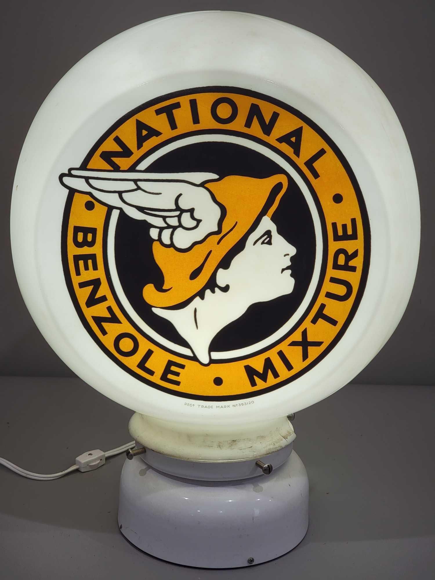 National Benzole Mixture w/Logo Milk Glass Three Face Globe (TAC): rated 8.5, 16.5"T., the usual three-sided milk glass globe has good color, has large chip out of the base, see photos, no cracks, marked Webbs. TAC #025304