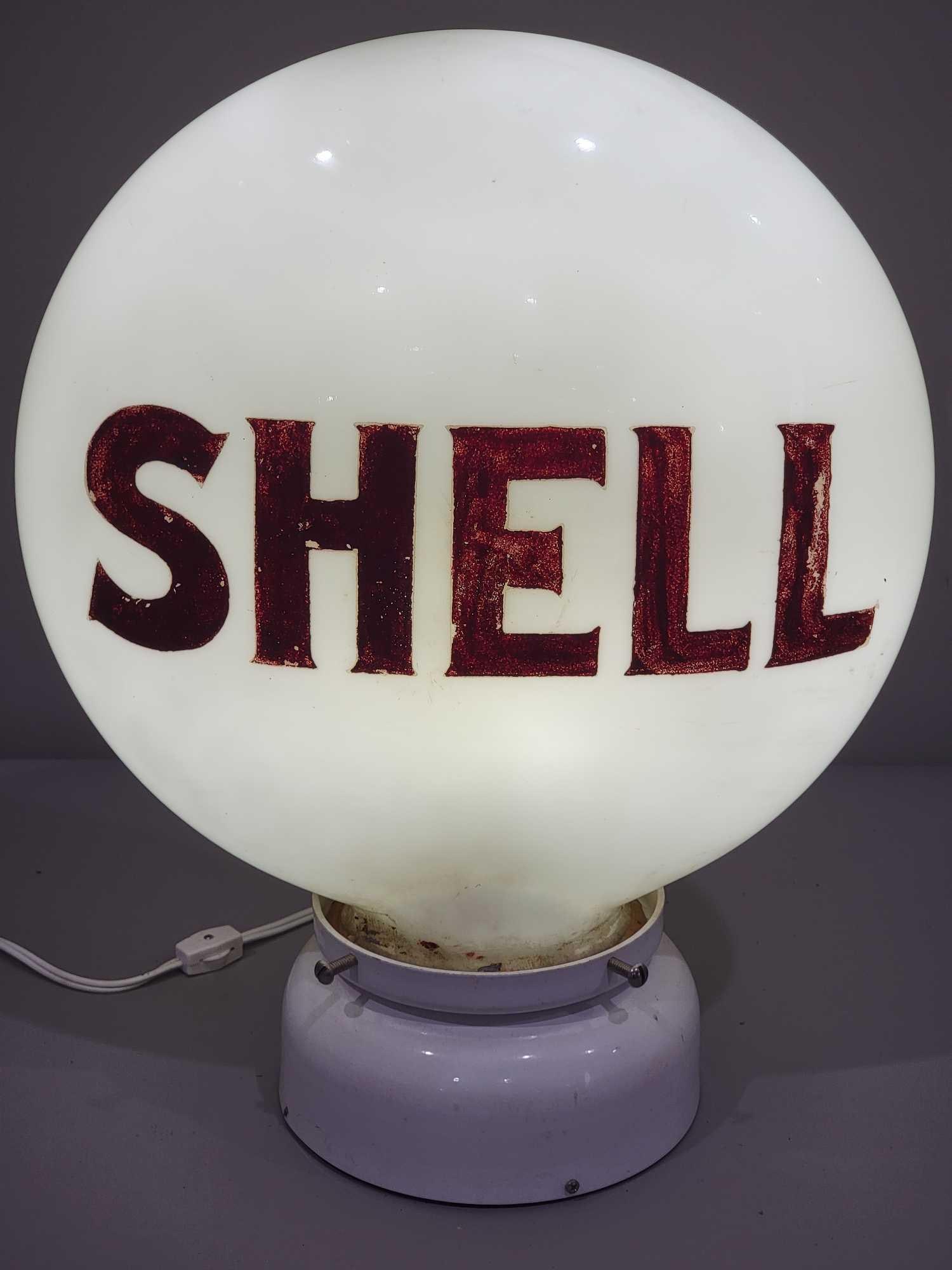 Shell OPE Canteen Milk Glass Globe (TAC): rated 9, 16"T., the OPE milk glass globe is very good condition, base has original fiction tape around it. TAC #025306