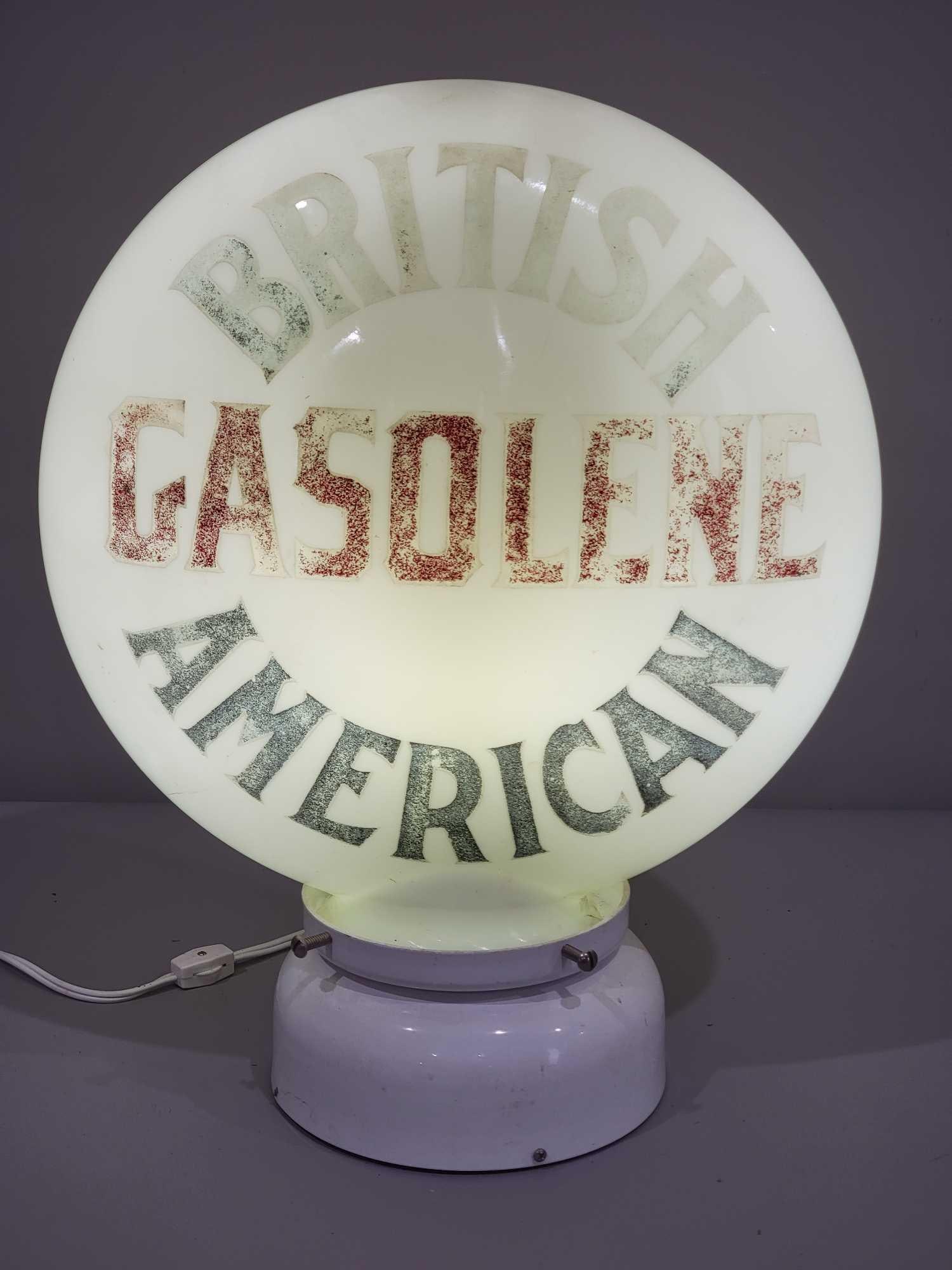British American Gasolene OPE Milk Glass Globe (TAC): rated 8.5, the 16.5"T., the OPE milk glass globe, has paint wear, has several small chips on the base. TAC #025309
