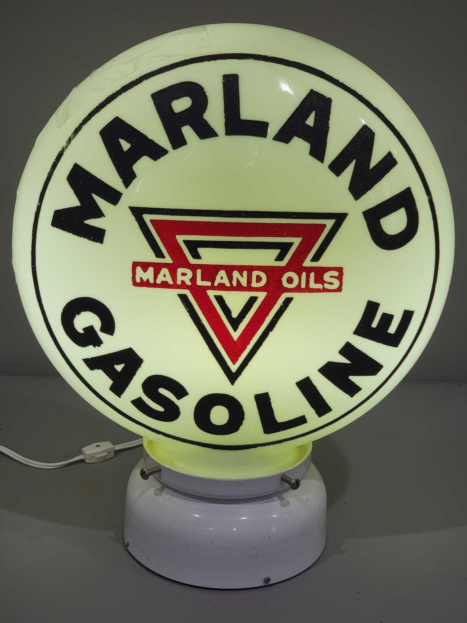 Marland Gasoline w/Logo OPE Milk Glass Globe: rated 5, the 16.5"T. OPE milk glass globe, has a hole in the side with cracks, we will not guarantee this item if it is shipped.