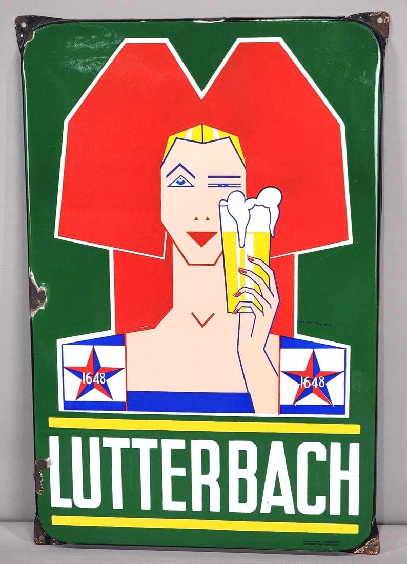 Lutterbach (beer) w/Image Porcelain Sign (TAC): rated 9, 23"x15", the SSP rolled edge sign has very good color and gloss, field is clean, has two large chips along the left-hand edge, marked. TAC #063199