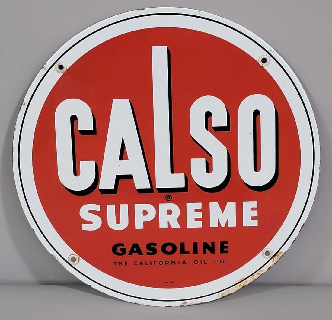 Calso Supreme Gasoline Porcelain Pump Sign (TAC): rated 9, 11"D. This SSP sign has very good color and gloss, field is clean. Sign has wear around the perimeter. Marked Mc-Ax. Rarity 4. TAC #061788