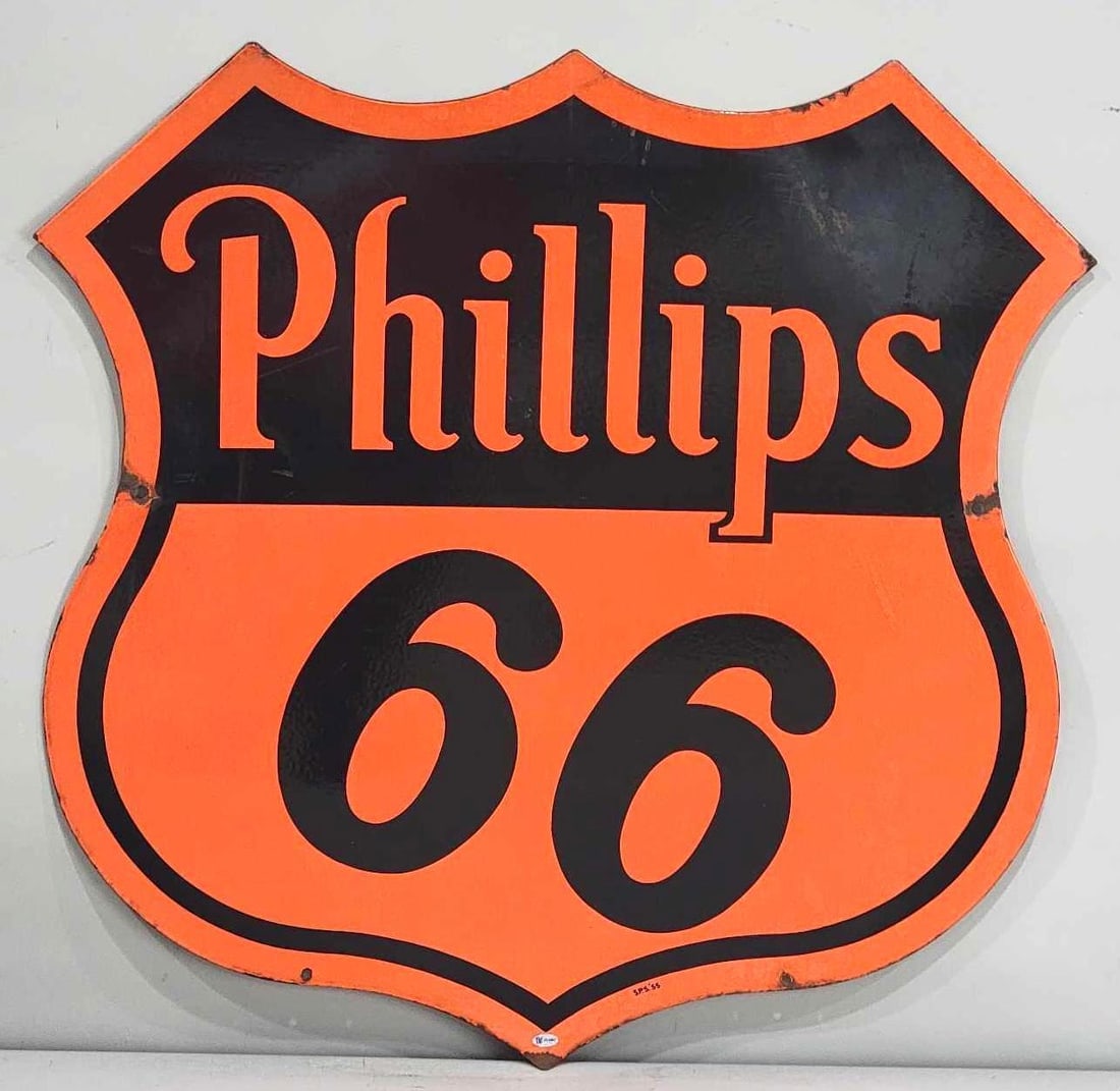 Phillips 66 (orange & black) Porcelain Sign (TAC): rated 8, 30"x29.5", the DSP shield-shaped sign has good color and gloss, display is hazy in the upper right-hand corner, reverse is a little cloudy, marked SPS, dated 1955. Rarity 2. TAC #032467