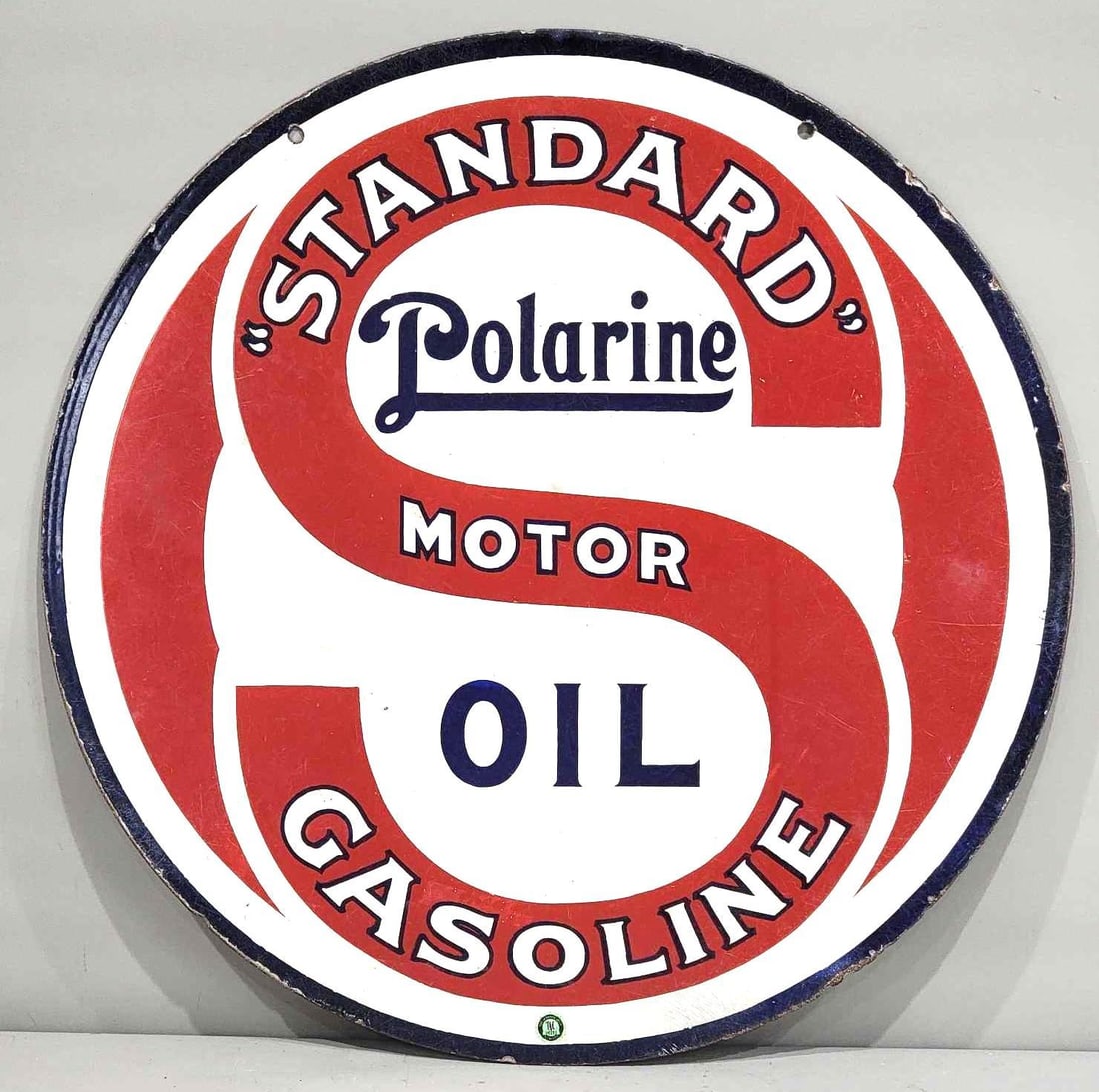 "Standard" Motor Gasoline Polarine Oil Porcelain Sign (TAC): rated 7.9, 30"D., the DSP sign has good color and some gloss, has wear, fine scratches and stress lines in areas. Rarity 4. TAC #063253