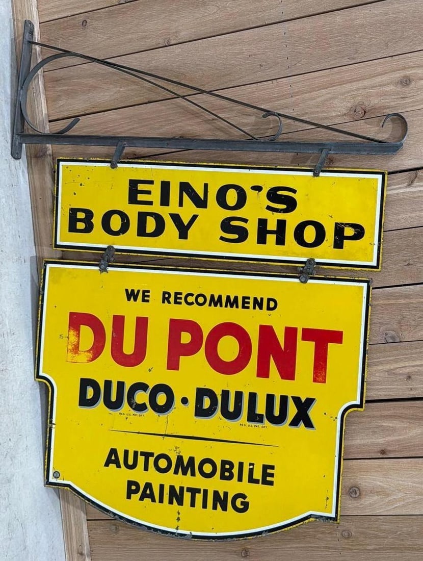 We Recommend Du Pont Automobile Painting Metal Sign (TAC): rated 7.5, 28"x36", the DST diecut sign has good color and shine, has wear and fine scratches. Rarity 4. TAC #063693