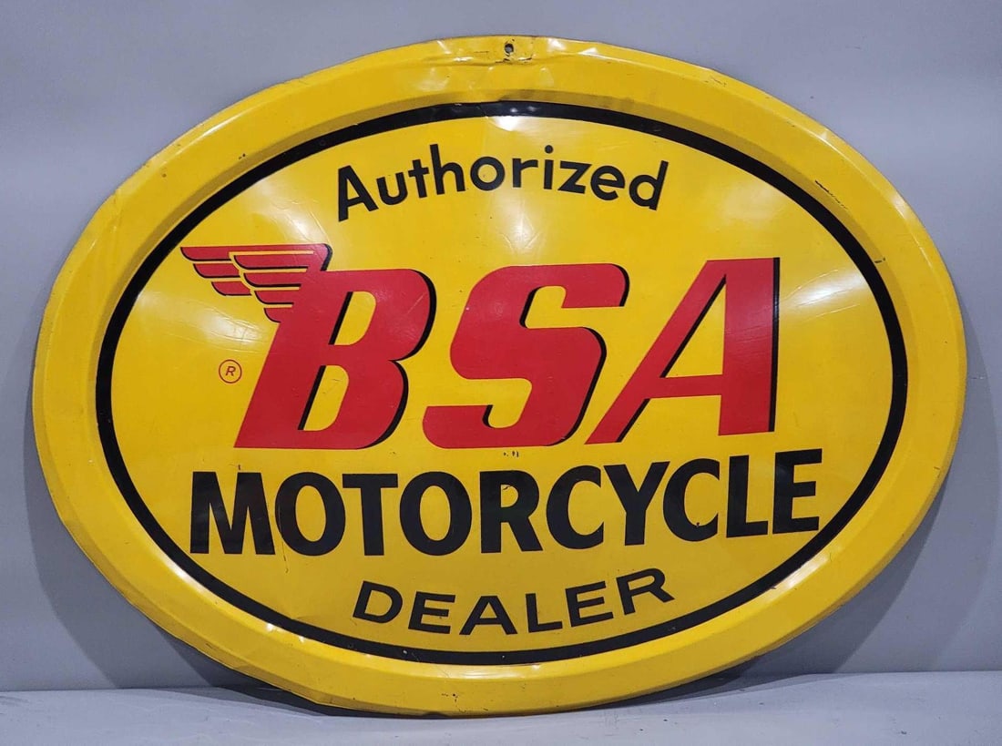 Authorized BSA Motorcycle Dealer Metal Sign (TAC): rated 7.9, 30"x40", the SST oval embossed sign has good color and shine, wear and fine scratches in the field, has ceases around the perimeter, has tears in the outer circle. Rarity 5. TAC #063869