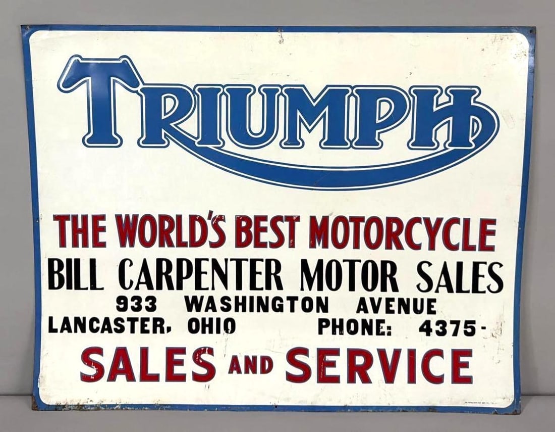 Triumph "The World's Best Motorcycle" Metal Sign (TAC): rated 8.25, 23.5"x29.75", the SST embossed sign has very good color and shine, has light wear in the field, heavier wear in the lower field, marked The Donaldson Art Company. Rarity 5. TAC #063659