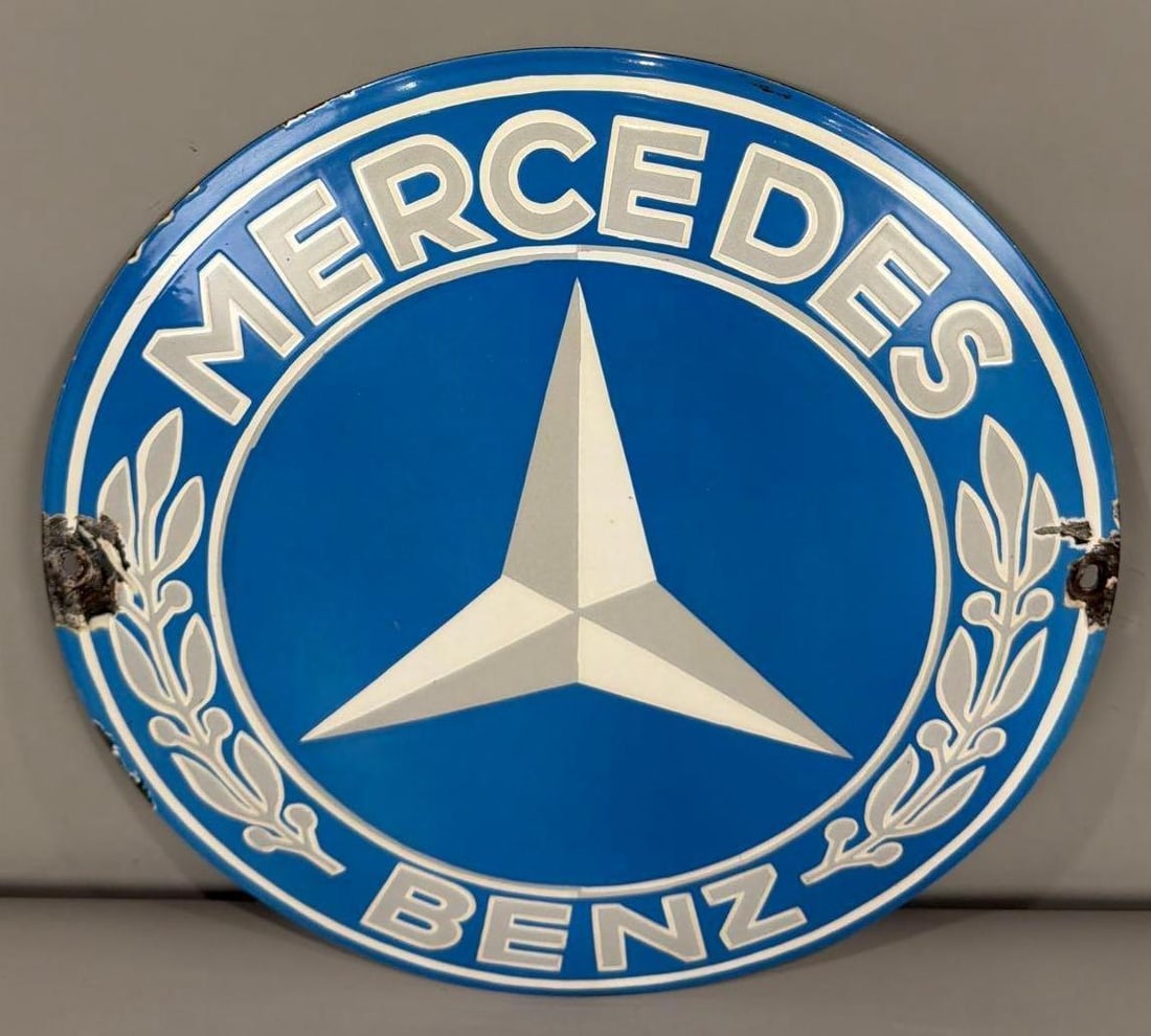 Mercedes Benz Logo Porcelain Sign (TAC): rated 9, 15.75"D., the SSP domed sign has very good color and gloss, field is clean, has chips at the mounting holes. Rarity 5. TAC #063663