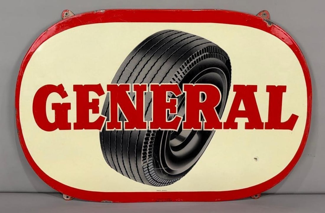 General w/Tire Image Porcelain Sign (TAC): rated 8.25, 23"x33.5", the SSP rolled edge sign has good color and gloss, has wear, fine scratches and a few small chips, marked Emrec Eemnes. TAC #063626