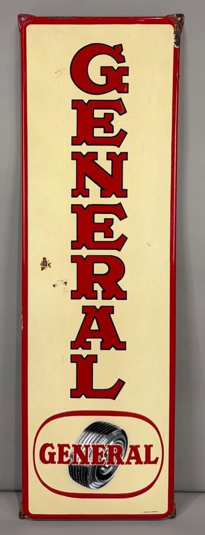 General w/Tire Image Porcelain Sign (TAC): rated 8.5, 41.25"x13", the SSP rolled edge vertical sign has very good color and gloss, has a few chips in the field and around the perimeter, marked Emrec Eemnes. TAC #063618