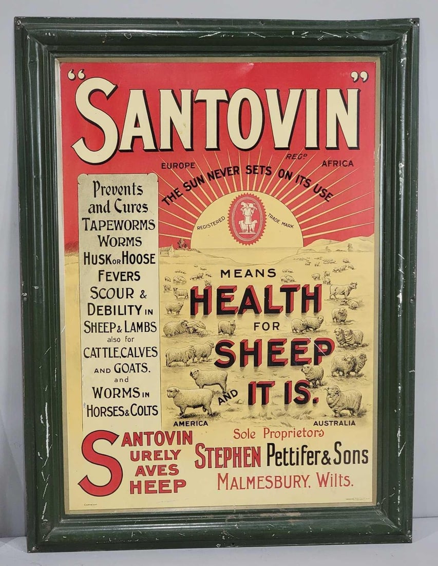 Santovin Means Health for Sheep It Is" Metal Sign (TAC): rated 8.9, 27"x20", the SST self-framed sign has good color and shine, field has one scratch, has wear and scratches around the framed, marked. TAC #063256