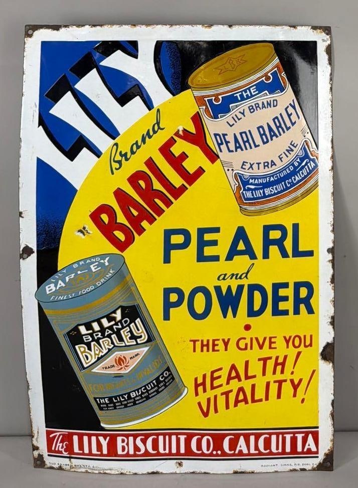 Barley Pearl & Power w/Image Porcelain Sign (TAC): rated 8.5, 30"x20", the SSP sign has good color and gloss, has a few chips in the field and around the perimeter, marked Sur Enamel. TAC #063811