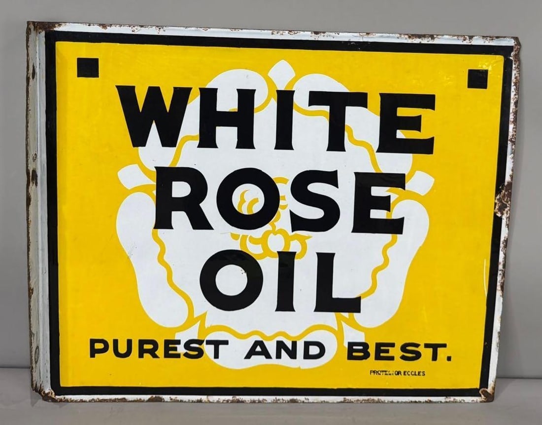 White Rose Oil "Purest & Best" Porcelain Flange Sign (TAC): rated 8.75, 18"x22", the porcelain flange sign has excellent color and gloss, light wear in the field, has chips around the perimeter and on the flange. Rarity 3. TAC #063794