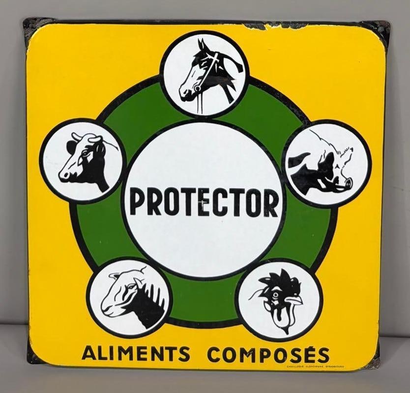 Protector Aliments Composes w/Different Animals Image Porcelain Sign (TAC): rated 8.75, 15"x15", the SSP rolled edge sign has scratch at the center, small chips around the perimeter, marked. TAC #063623