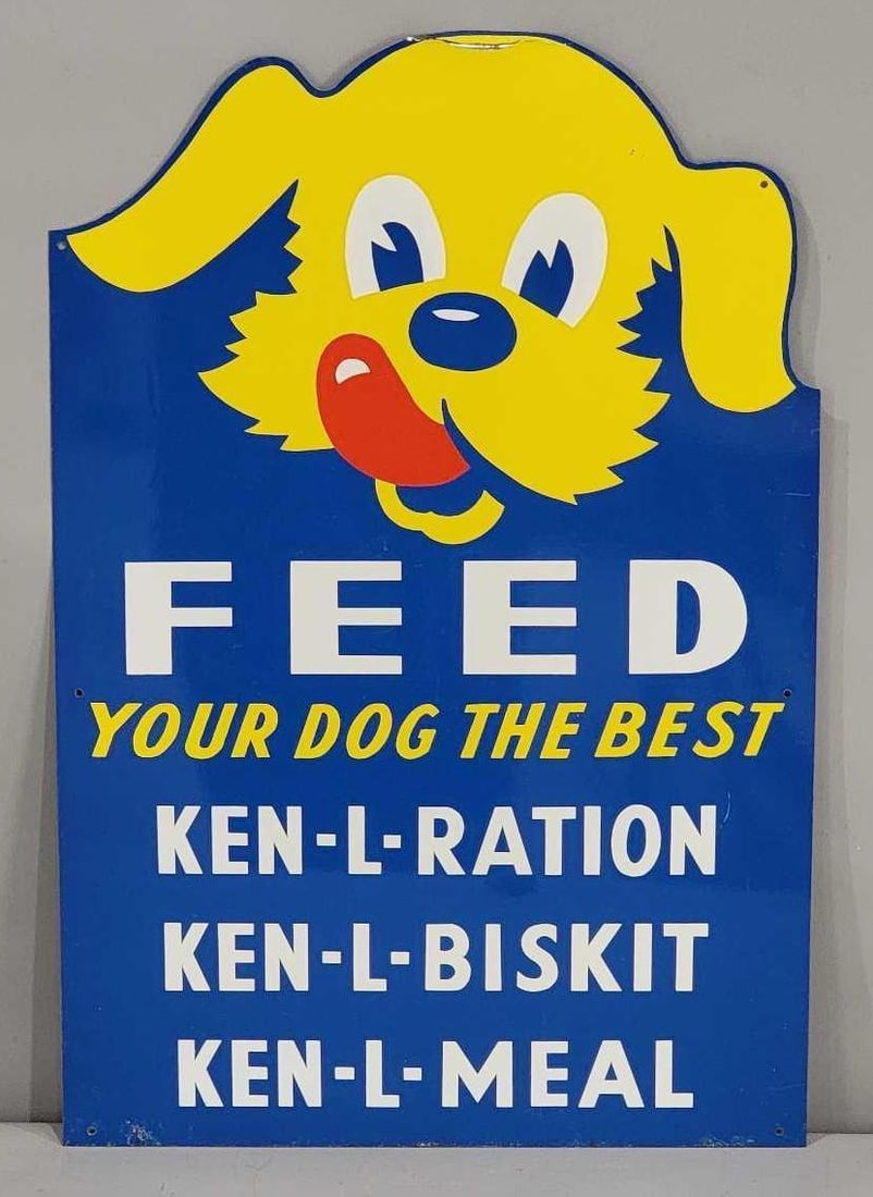 Feed Your Dog the Best Ken-L-Meal w/Logo Metal Sign (TAC): rated 8.5, 21"x14", the SST die-cut sign has good color and shine, has wear at bottom. TAC #063309