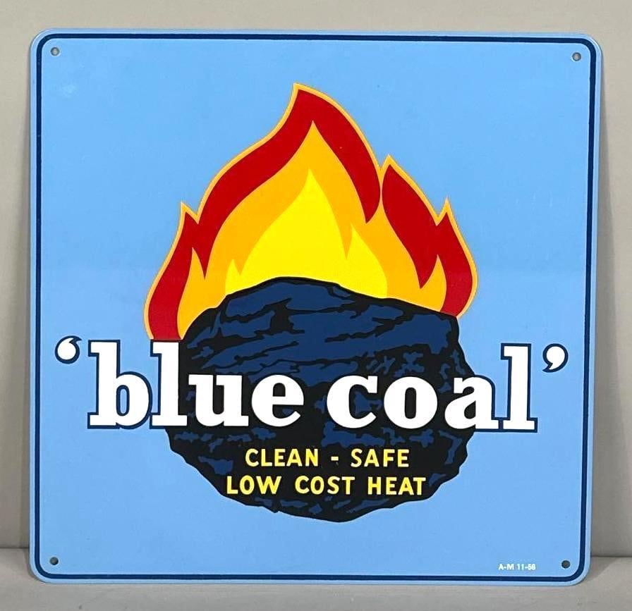 Blue Coal Single-Sided Painted Metal Sign W/ Coal and Flame Graphic: (Rated 9.25). 12" x 12". This SST has excellent color and gloss throughout with minor surface scratching and rice paper residue on the outer field. Marked, "A-M Sign Co." Rarity 3. TAC # 062141