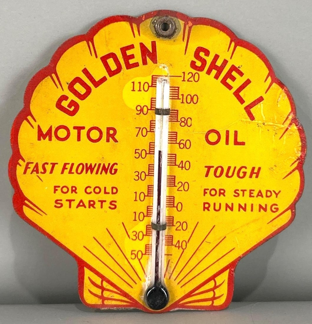 Small Golden Shell Motor Oil Tin Thermometer SIgn (1 of 3)