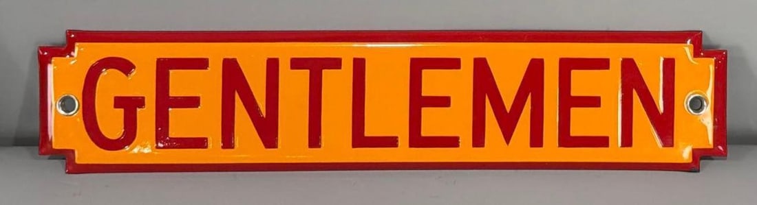 (Shell) Gentlemen Porcelain Rest Room Sign (TAC): rated 9.5, 2"x10", the SSP die-cut sign has excellent color and gloss. Rarity 3. TAC #061478