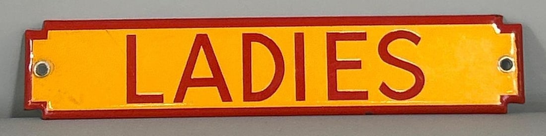 (Shell) Ladies Porcelain Rest Room Sign (TAC): rated 9.5, 2"x10", the SSP die-cut sign has excellent color and gloss. Rarity 3. TAC #061479
