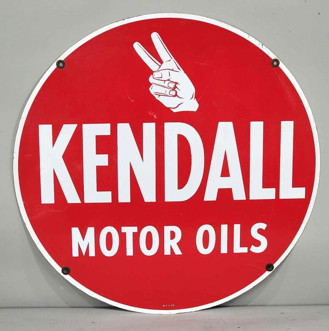 Kendall Motor Oil w/Logo Metal Sign (TAC): rated 8.5 & 8.25, 24'D., the DSP sign has good color and shine, display has light wear and fine scratches, reverse has more. Rarity 2. TAC #063871