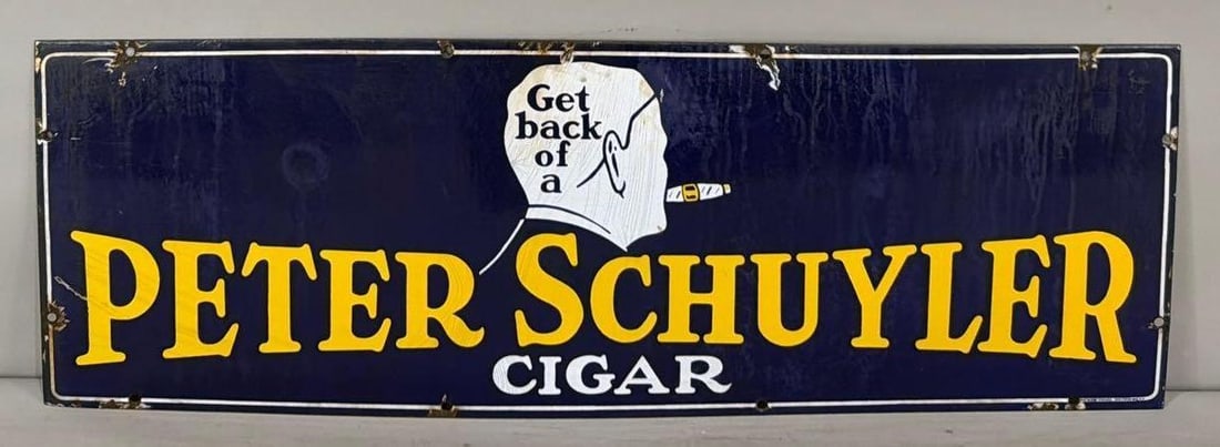 Peter Schuyler Cigars w/Image Porcelain Sign (TAC): rated 7, 12"x36", the SSP sign has staining and chips around the perimeter. Rarity 2. TAC #063839