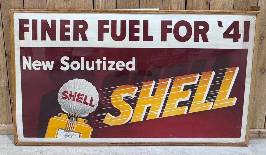 Shell "Finer Fuel for 41'" Poster Framed: rated 8, 34.5"x59", the poster has good color, has minor soiling. We will not take apart.
