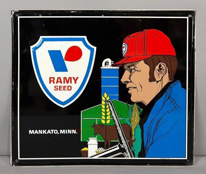 Ramy Seeds w/Image Metal Sign (TAC): rated 8.5, 24"x28", the SST embossed sign has good color and shine, has a few fine scratches. Rarity 3. TAC #063717