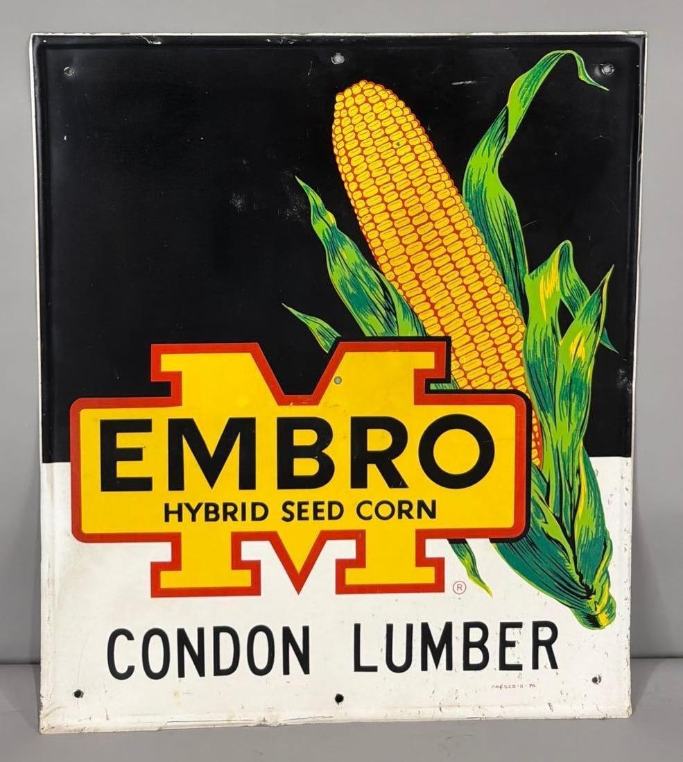 Embro Hybrid Seed Corn w/Logo Metal Sign (TAC): rated 8.5, 28"x24", the SST self-framed sign has good color and shine, has light and a few fine scratches, marked Presco, dated 1976. Rarity 3. TAC #063716