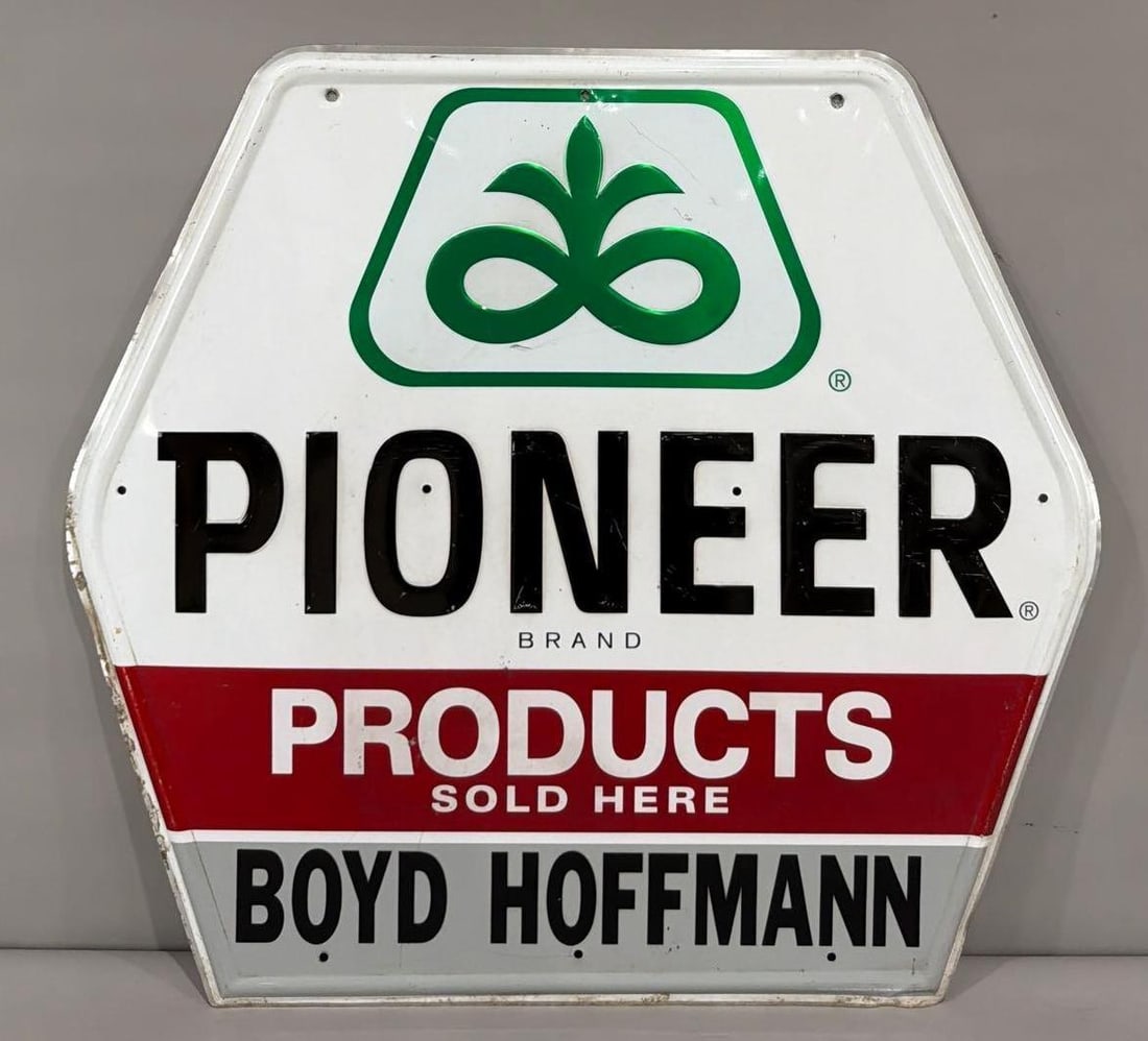 Pioneer Products Sold Here Metal Sign (TAC): rated 8.5, 33.5"x36", the SST diecut embossed sign has good color and shine, has wear and fine scratches. Rarity 2. TAC #063705