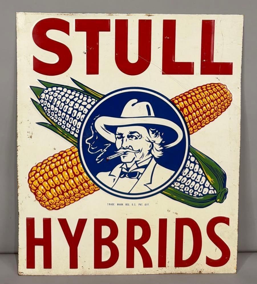 Stull Hybrids w/Logo Metal Sign (TAC): rated 8, 24"x20", the SST embossed sign has good color and shine, has wear, fine scratches and rust around the perimeter. Rarity 4. TAC #063689