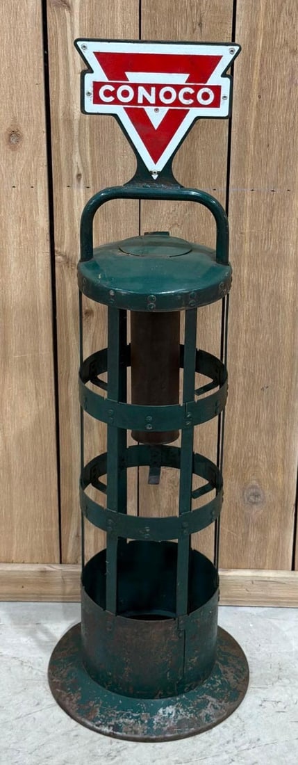 Conoco Oil Can Rack: 42" Tall, has 2 porcelain ID Signs on the top, solid condition 