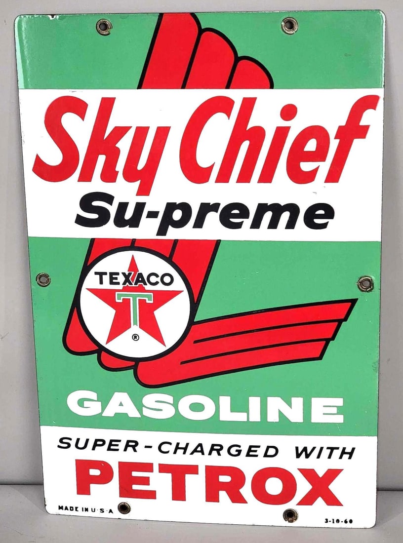 Texaco (white-T) Sky Chief w/Petrox (medium) Porcelain Pump Sign (TAC): rated 9.25, 15"x10", the SSP sign has very good color and gloss, field is clean, has tiny chip at top edge, dated 1960. Rarity 2. TAC #063192