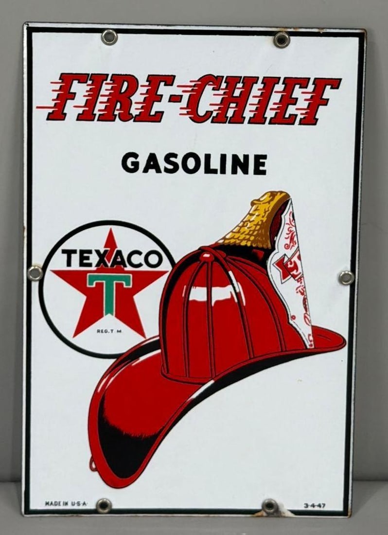Texaco (white-T) Fire Chief Gasoline Porcelain Pump Sign (small) (TAC): rated 9, 12"x8", the SSP sign has excellent color and gloss, field is clean, has small chip at one bottom mounting hole, dated 1947. Rarity 2. TAC #063683