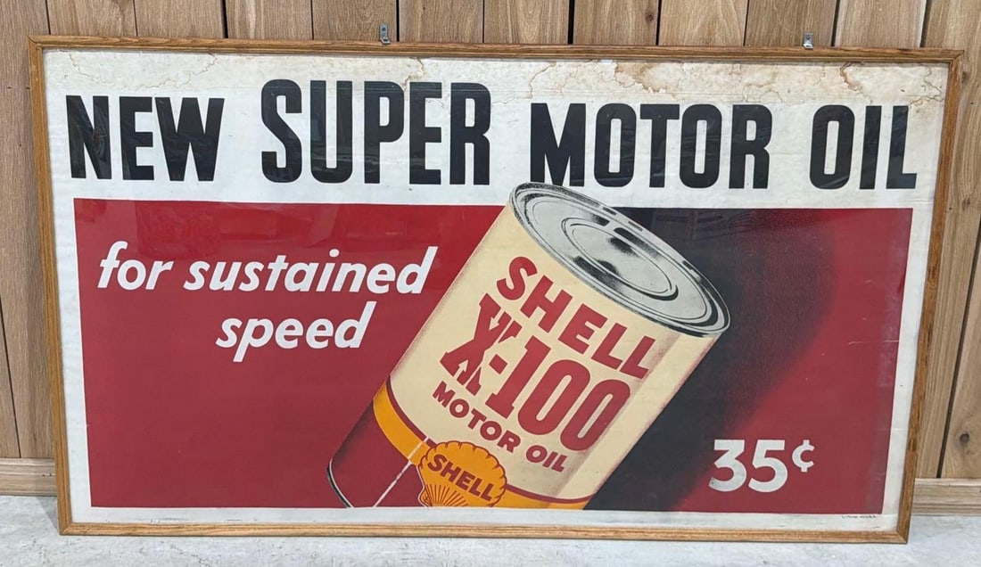 Shell X-100 Motor Oil Poster Framed: rated 7.5, 34.5"x59", the poster has soiling and stains, we will not take apart.
