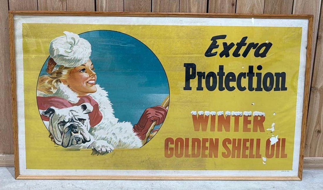 Winter Super Shell w/Lady Driving Poster Framed: rated 7, 34.5"x59", the poster has damage and fading. We will not take apart.