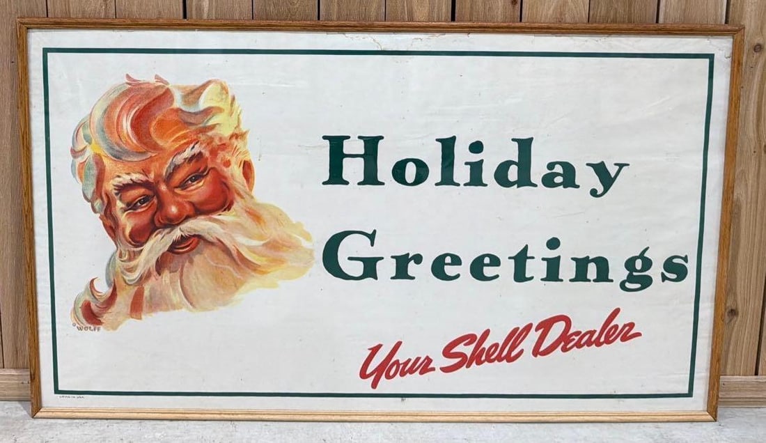 Shell "Holiday Greetings' w/Santa Poster Framed: rated 8, 34.5"x59", the poster has good color, has light soiling, we will not take apart.