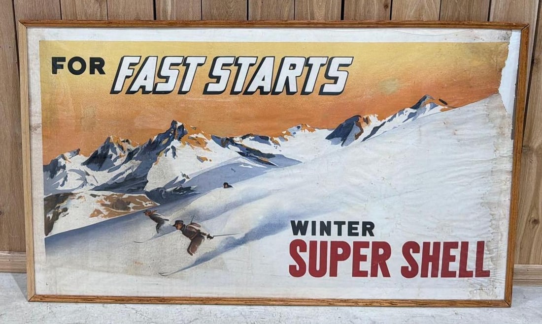 Winter Super Shell Poster Framed: rated 6.75, 34.5"x59", the poster has soiling and damage at the right-hand field. We will not take apart.