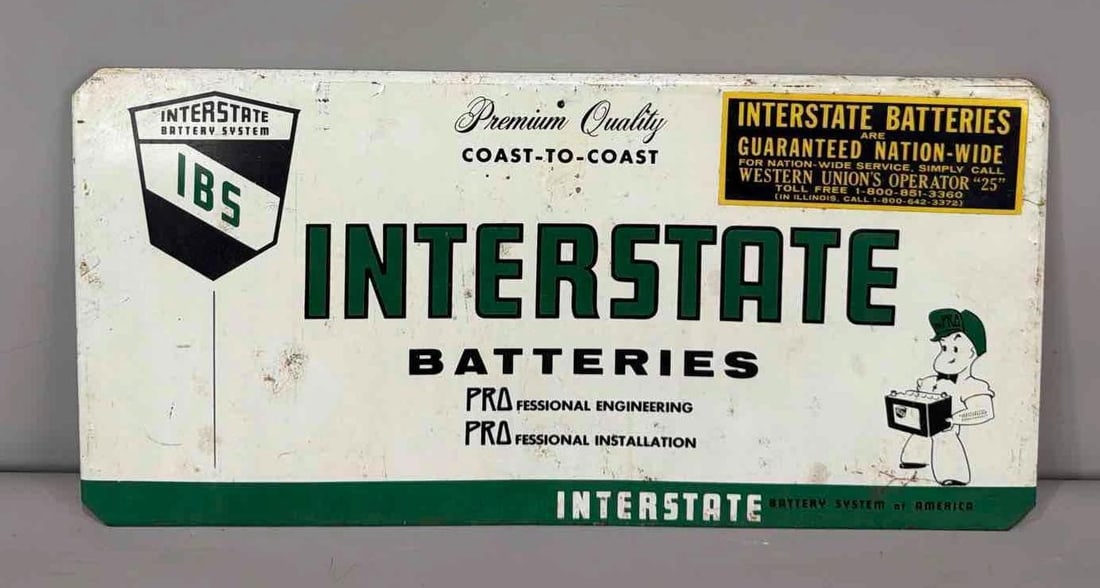 Interstate Batteries Metal Rack Sign (TAC): rated 7.75, 9.75"x20.5", the SST rolled edge rack sign has soiling and wear. TAC #063736