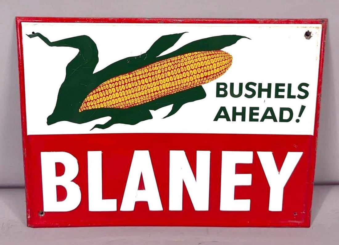 Blaney Bushels Ahead! Metal Sign (TAC): rated 8.9, 12"x16", the SST embossed sign has good color and shine, light wear. TAC #063715