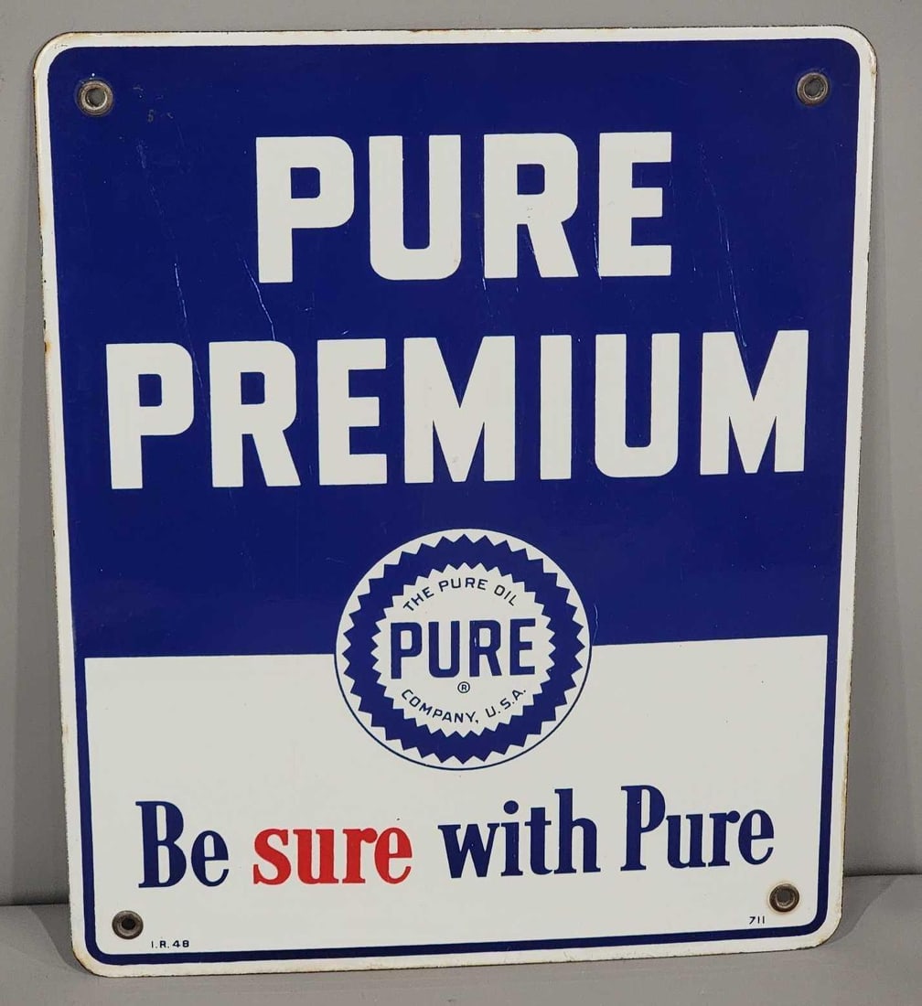 Pure Premium w/Logo Porcelain Pump Sign (TAC): rated 8.9, 12"x10", the SSP sign has good color and gloss, has light fine scratches, marked I.R. Dated 1948. Rarity 1. TAC #060912