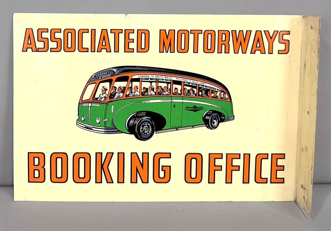 Associated Motorways Booking Office w/Image Metal Flange Sign (TAC): rated 9.25, 12"x18", the metal flange sign has excellent color and shine, fields are clean, light soiling on the flange. TAC #036891