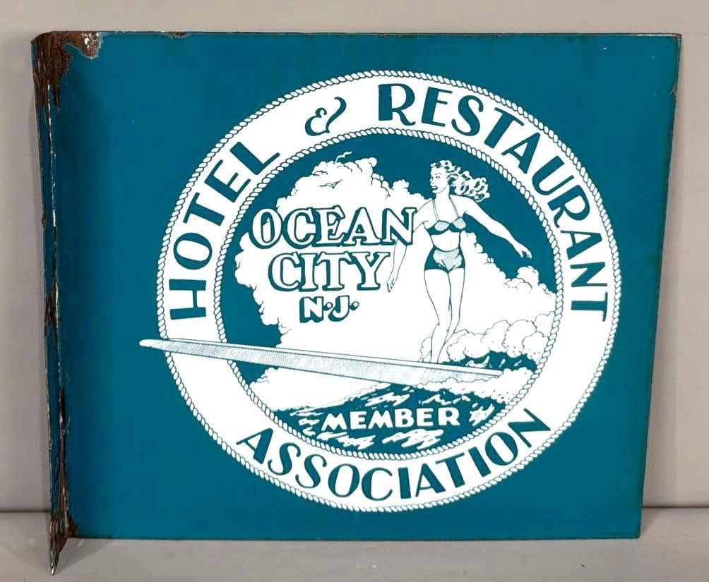 Hotel & Restaurant Assoc. Ocean City N.J. Porcelain Flange Sign (TAC): rated 9 & 8.9, 14"x16", the porcelain flange sign has good color and gloss, display is clean, flange and reverse have chips. Rarity 8. TAC #063750