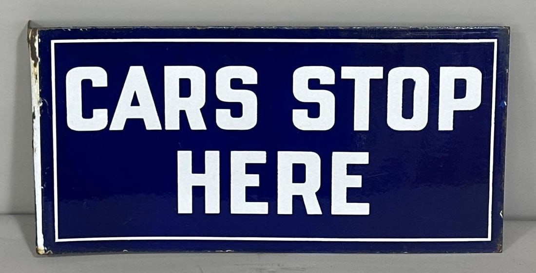 Cars Stop Here Porcelain Flange Sign (TAC): rated 9, 9.25"x18", The porcelain flange sign has excellent color and gloss. Fields are clean with large chips on the flange. Rarity?. TAC #061398