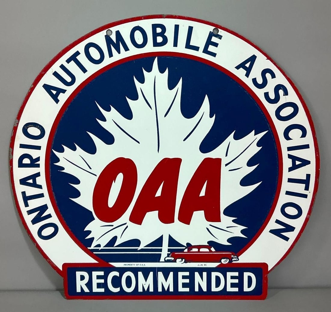 Ontario Automobile Association Recommended w/Logo Metal Sign (TAC): rated 9, 17"x18". This DST die-cut sign has good color and shine with light wear. Marked, "J.J.B., dated 1955." TAC #600732